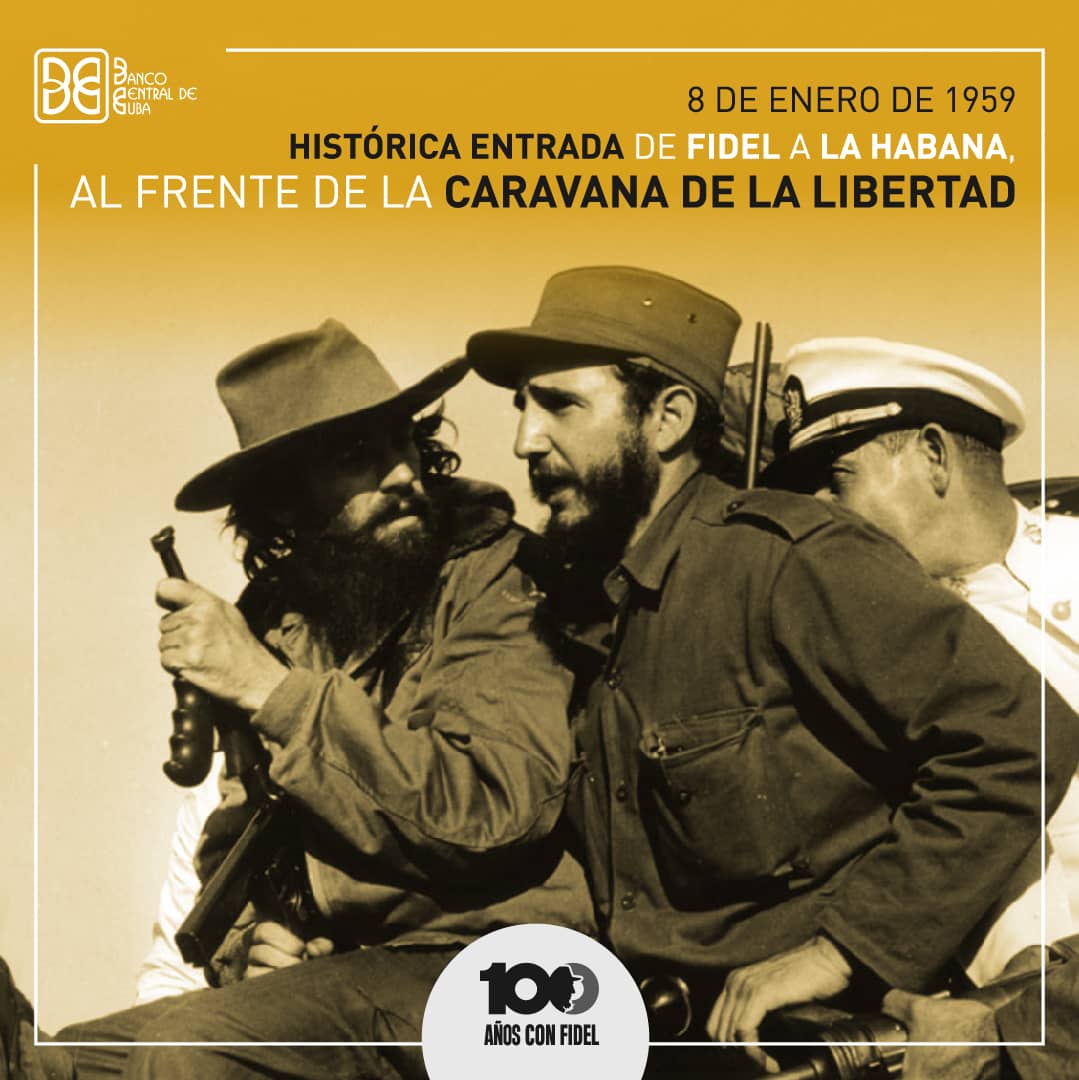📍 Hoy, 8 de enero, #BancariosCubanos recordamos la entrada triunfal de la #CaravanaDeLaLibertad a La Habana en 1959. Un día en que el pueblo cubano, liderado por Fidel Castro Ruz, celebró el triunfo de la Revolución y la victoria del Ejército Rebelde.
#100AñosConFidel