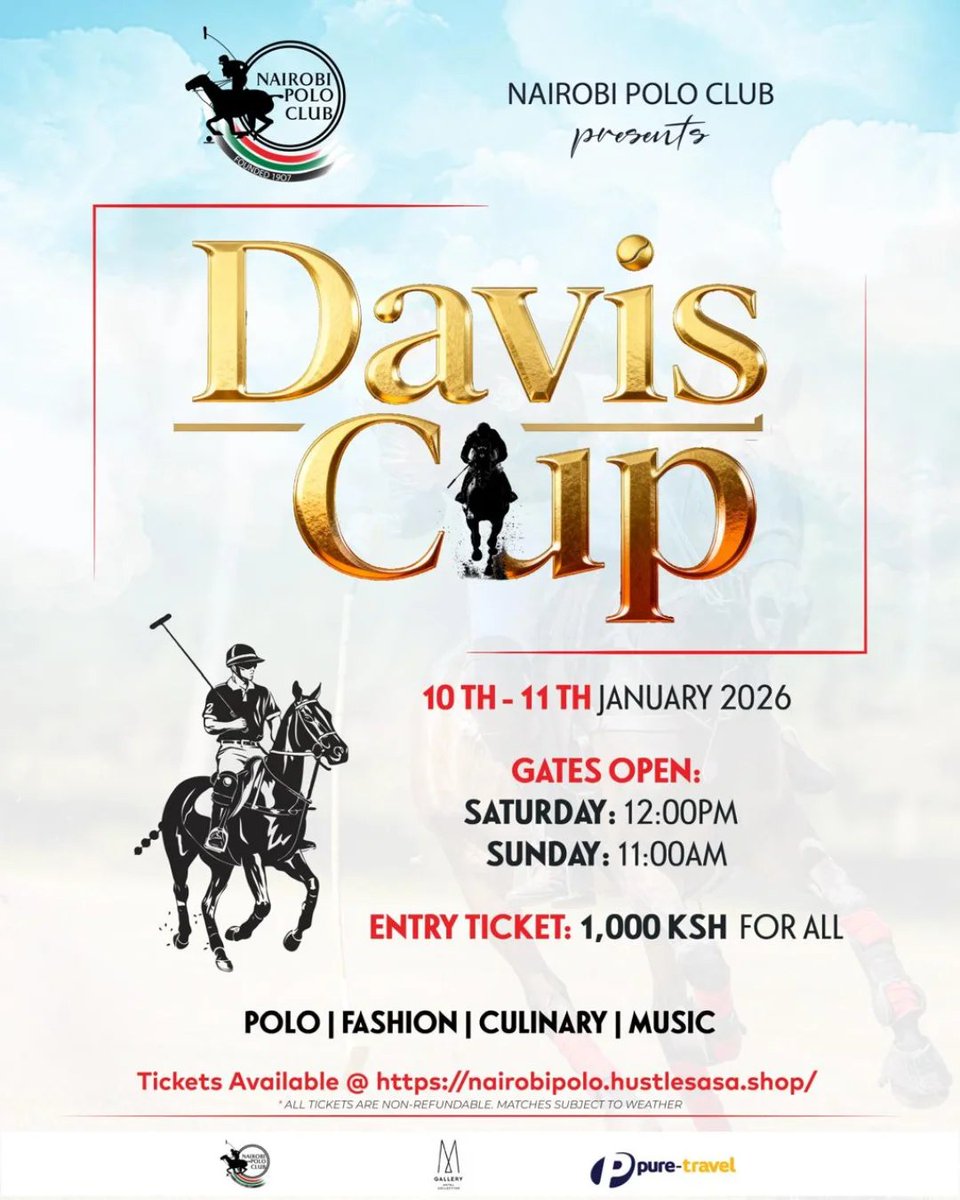 🎾 DAVIS CUP WEEKEND IS HERE!  

Polo, prestige &amp; weekend vibes at Nairobi Polo Club.  

Tickets nairobipolo.hustlesasa.shop
🗓️ Jan 10–11, 2026
⏰ Sat: Gates open 12PM
⏰ Sun: Gates open 11AM

Pull up in style.  
#DavisCup #NairobiPolo #PoloLifestyle #NairobiEvents #SherehePlug