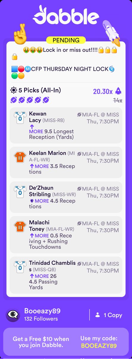 BooEasy's tweet image. Sharing is caring so here's an entry I placed on Dabble that you can copy!👌🥰💥🤞
click.dabble.com/ugiS/zmty3x0s
#CFP
#CFPplayoff 
#OleMissRebels 
#miamihurricanes 
#picks 
#dabble
