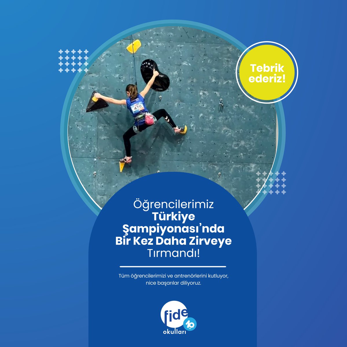 👏🏻👏🏻👏🏻Tebrikler!

Öğrencilerimiz Tırmanış Federasyonu Kulüpler arası Türkiye Şampiyonası’nda bir kez daha zirveye tırmandı.

Samsun’da düzenlenen yarışmada Minik Erkekler kategorisinde 4. sınıf öğrencimiz Bulut, Türkiye Birincisi oldu.

Yarışmada Küçük Erkekler kategorisinde 5.