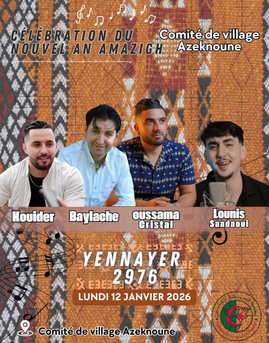 Baylache_'s tweet photo. Venez toutes et tous pour célébrer ensemble le nouvel an berber le 12 janvier 2026 au : #Village_Azknoune_wilaya_de_Bouira . 
#Assegwas_Ameggaz i yal d yidwen d yak yiwet...
#Baylache https://t.co/ihNAYqYPyd