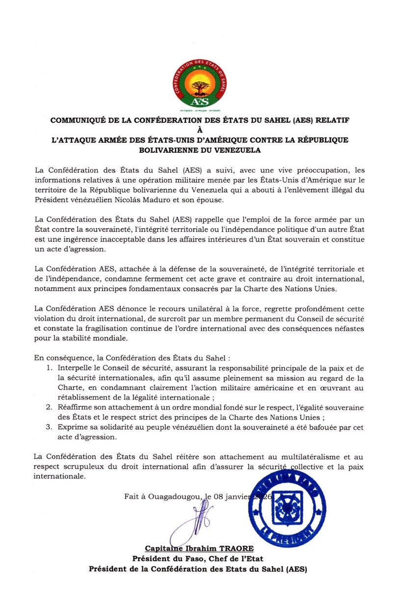 ali_naka's tweet image. Communiqué of January 8, 2026 from the Confederation of Sahel States (AES) regarding the armed attack by the United States of America against the Bolivarian Republic of Venezuela.