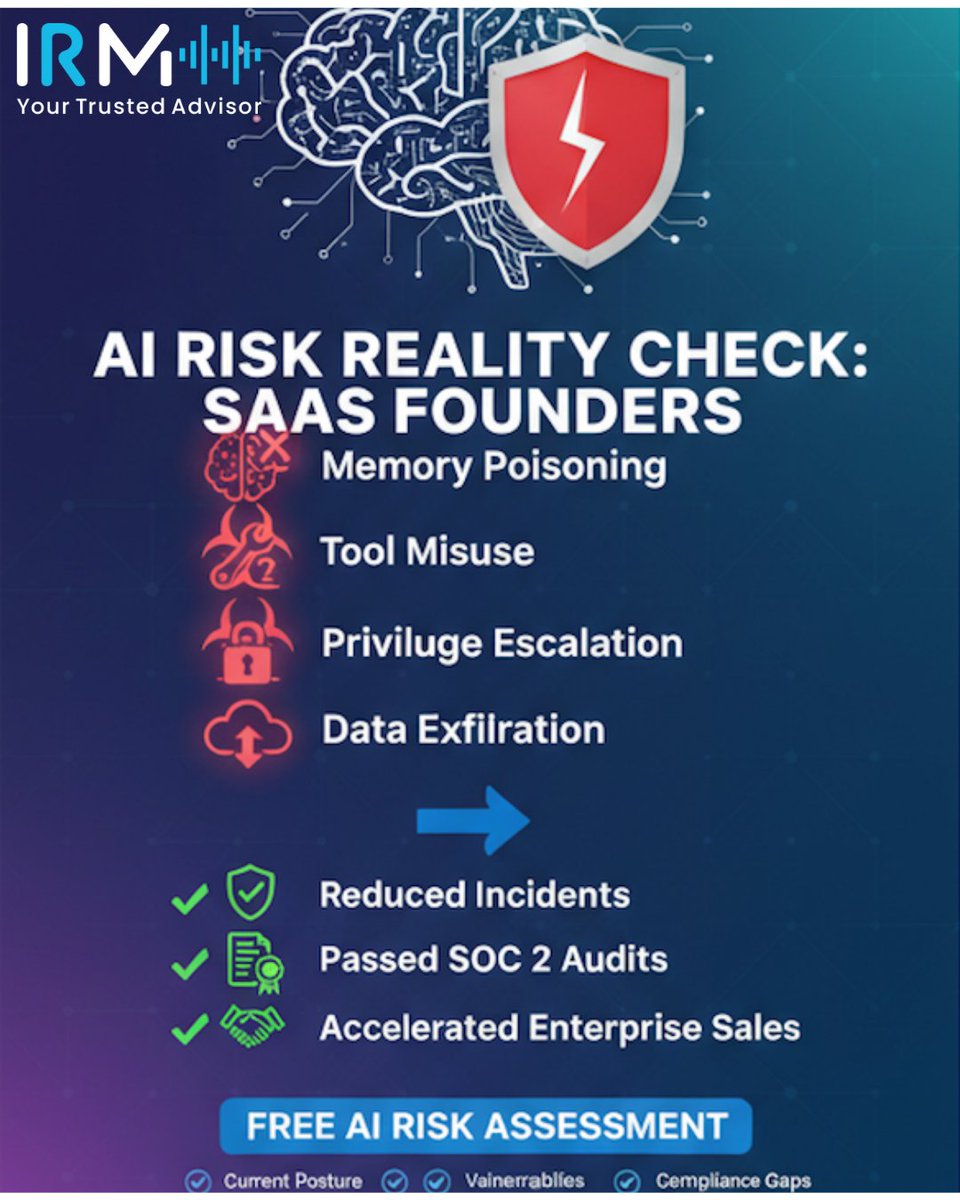 irm_con's tweet photo. AI Risk Reality Check: What SaaS Founders and SMB's need to know in 2026! 
 
A $40M ARR SaaS company discovered their AI customer service bot was leaking proprietary pricing data to competitors. The cost? One lost enterprise deal and three months rebuilding customer trust. 
 
As a Virtual CISO who's guided several SaaS companies through secure and safe AI use and deployment, I'm seeing the same critical vulnerabilities emerge repeatedly. 
 
Here's what most CEOs and CTOs don't realize about AI security: 
1. Memory Poisoning – AI systems trained on user interactions can be manipulated to produce harmful outputs 
2. Tool Misuse – LLMs with access to internal systems can execute unintended actions 
3. Privilege Escalation – AI agents bypassing security controls to access sensitive and confidential data 
4. Data Exfiltration – Sensitive information embedded in model training or prompt responses 
 
What is the business impact you might ask? 
1. Failed compliance audits (SOC 2, ISO 27001/42001) 
2. Customer data breaches 
3. Investor due diligence failures 
4. Competitive intelligence leaks 
 
Here are the real results from clients who addressed this proactively: 
 
1. Reduced AI-related security incidents by 85% 
2. Passed SOC2, ISO27001/42001 audits with zero AI security findings 
3. Accelerated enterprise sales by demonstrating AI security controls and Ethical principles 
 
Most companies rushing to deploy AI focus on productivity gains while overlooking fundamental AI security and safety strategy. 
 
Claim your Complimentary AI Risk Assessment to understand: 
✓ Current AI security posture 
✓ Critical vulnerability identification 
✓ Control and Compliance gap analysis 
✓ Actionable remediation roadmap 
 
Don't let AI innovation become your biggest security liability. 
 
DM me to claim your complimentary AI Risk Assessment.
