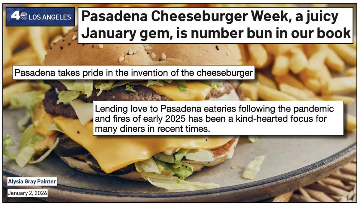 VegMediaWatch's tweet image. In an article celebrating "Pasadena Cheeseburger Week," @NBCLA reports that "kind-hearted" diners are supporting the city's restaurants because the pandemic and wildfires took a toll on their business. @katnbcla @Todd_Mokhtari - Did your editorial team miss the irony of this…