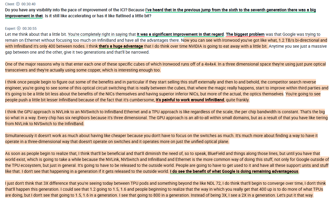 RihardJarc's tweet image. Interview with a Former $GOOGL employee who worked on TPUs on the TPU vs GPU advantage. Part 2:

1.  He thinks a significant advantage that $GOOGL's TPU Ironwood has over Nvidia is ICI and its 1.2TB/s bi-directional connection between nodes (in the context of scaling to thousands…