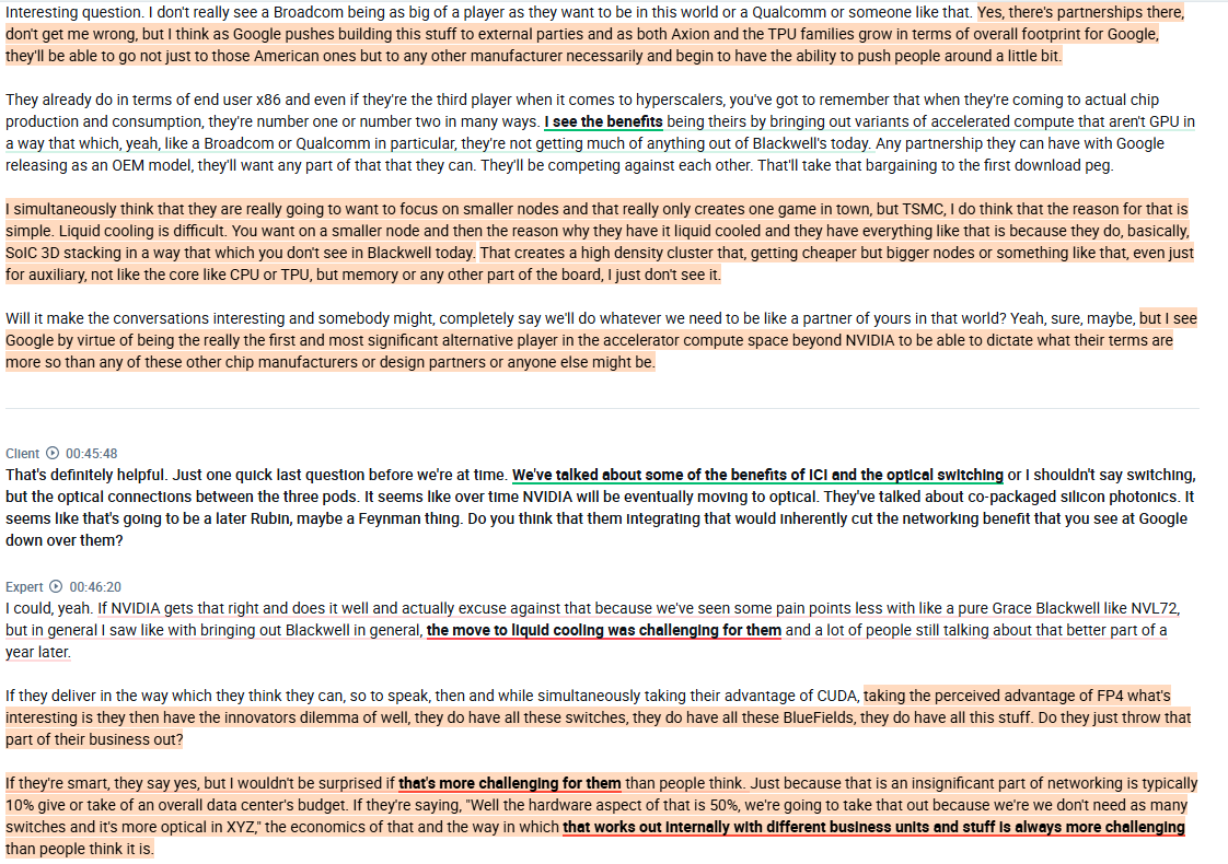 RihardJarc's tweet image. Interview with a Former $GOOGL employee who worked on TPUs on the TPU vs GPU advantage. Part 2:

1.  He thinks a significant advantage that $GOOGL's TPU Ironwood has over Nvidia is ICI and its 1.2TB/s bi-directional connection between nodes (in the context of scaling to thousands…