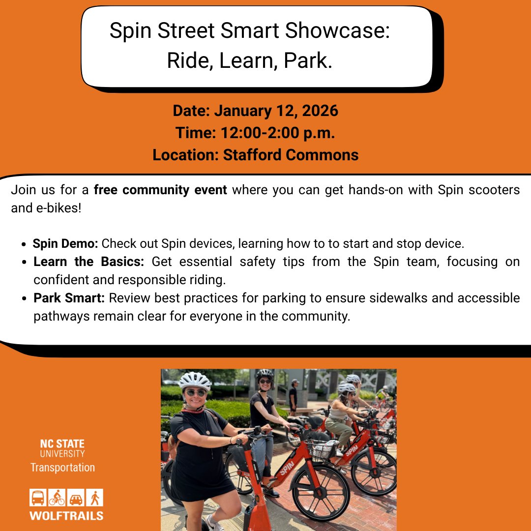 NCSUWolfTrails's tweet image. New to Spin? Already a pro? 
Stop by the Spin Street Smart Show case to learn safety tips and park like a pro.
Jan 12 | 12–2 PM | Stafford Commons