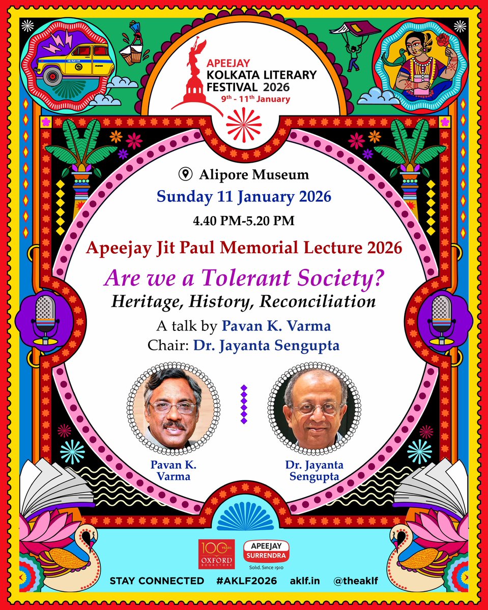 The Apeejay Jit Paul Memorial Lecture comes to #AKLF2026 for the first time.

You are invited to the 11th edition:  Are We a Tolerant Society?  Heritage · History · Reconciliation

📅 Sunday, 11 January 2026 | 🕓 4:40–5:20 pm
📍 Alipore Museum, Kolkata

#AKLF2026 #apeejay