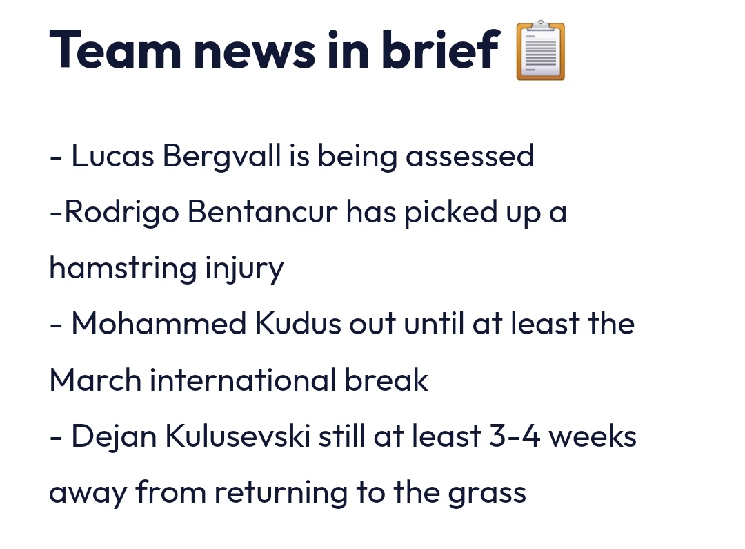 베리발 검사 중
벤탕 햄스 부상
쿠두스 최소 3월 A매치까지 아웃
쿨루셉스키 훈련 복귀도 아직 3~4주 이상 예상

하...🚬🚬🚬🚬🚬