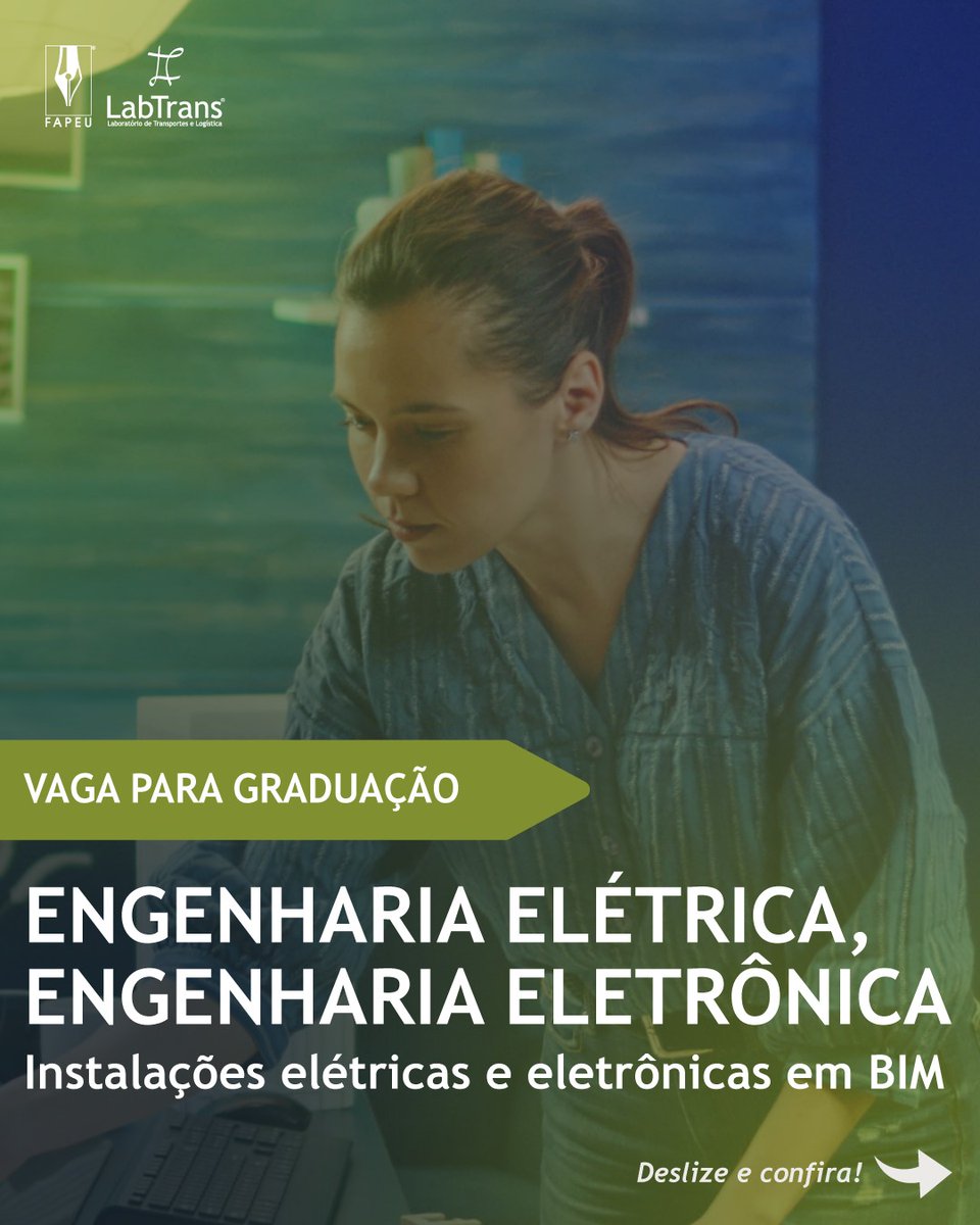 LabtransUFSC's tweet image. ⚡ Vaga de graduação aberta para Engenharia Elétrica ou Engenharia Eletrônica no LabTrans/UFSC!

Se você é estudante de graduação e quer atuar com projetos elétricos e eletrônicos em BIM, essa vaga é pra você! Venha fazer parte de um time multidisciplinar e aplicar seus…