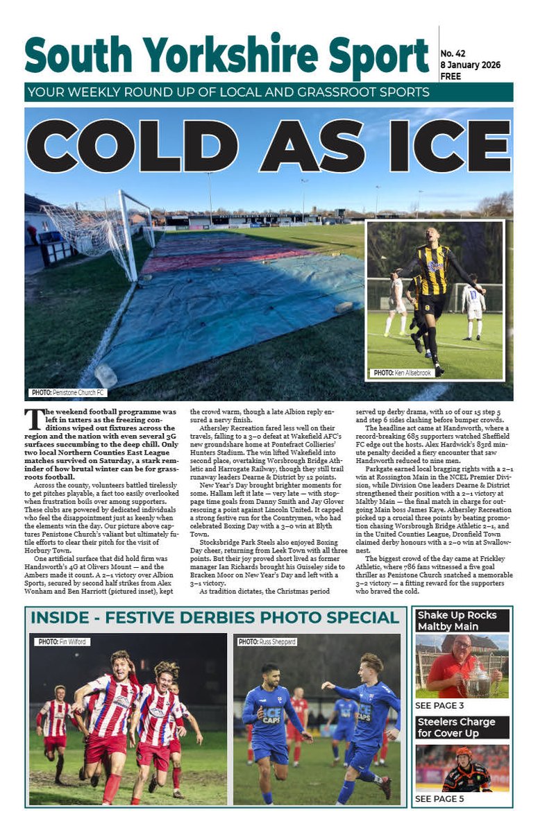southyorkssport's tweet image. Our first issue of 2026, No 42, is now available and FREE at southyorkshiresport.co.uk
Front cover pictures feature @pcfc1906 @Handsworth_FC @DearneDistrict @RMFC1919 plus leads for stories about @maltbymainfc @steelershockey 
Full call outs to follow.  Start the year with a packed…