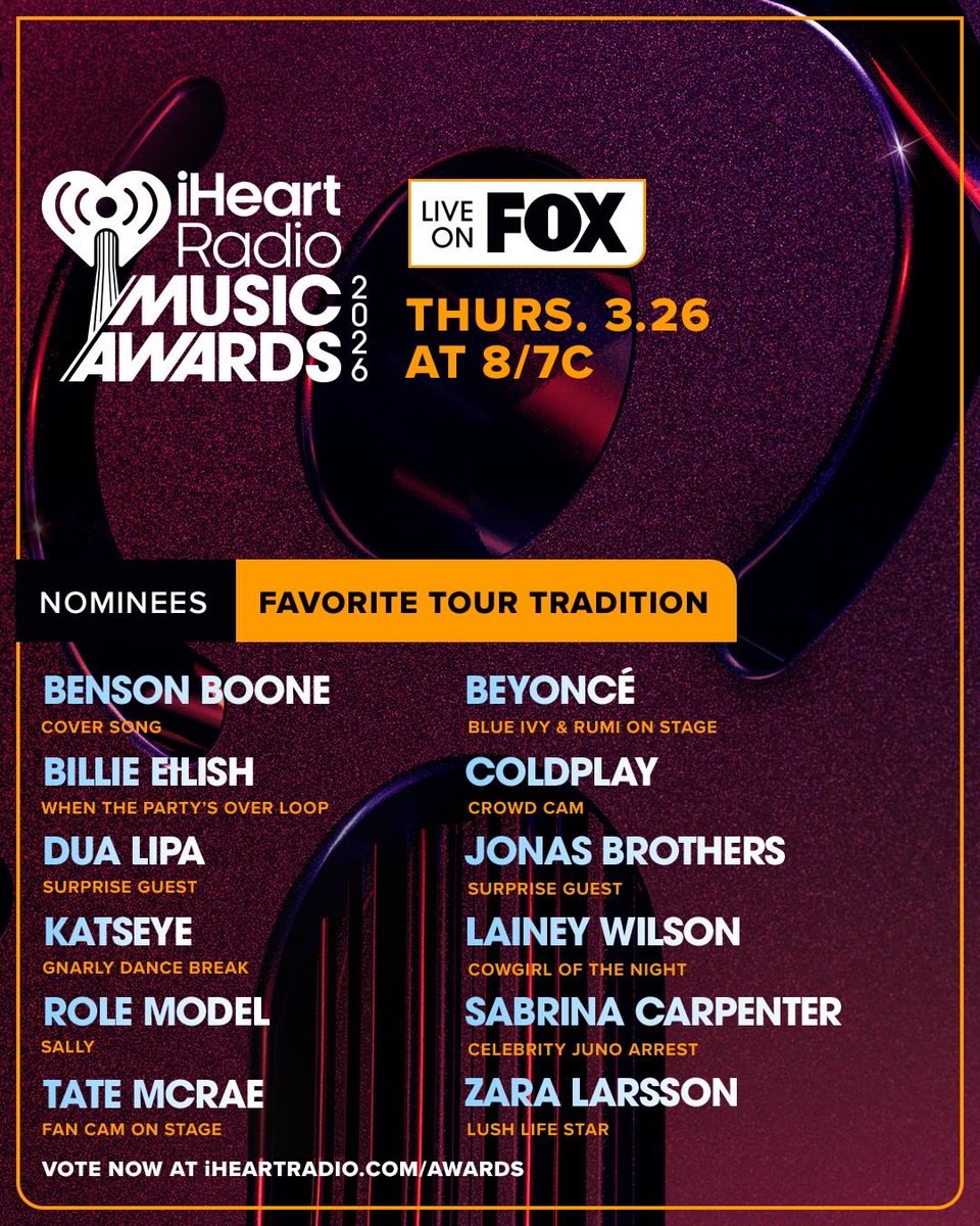 dualipacentral_'s tweet image. Dua Lipa recebeu 2 indicações no iHeart Radio Music Awards 2026!

- Favourite Tour Style
- Favourite Tour Tradition: Surprise Guest

A premiação acontece no dia 26 de março ✨

Vote agora: iheart.com/music-awards/