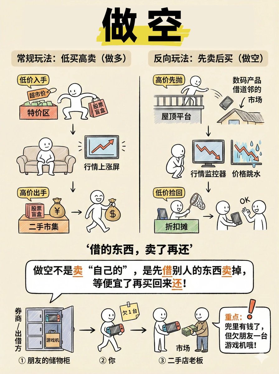 做空到底是个啥？一篇看懂🤔 原来炒股不止低买高卖，还有“先卖后买”的做空操作！看完这组漫画我才彻底搞懂，顺便扒扒做空的玩法、目的和风险👇 ✓做空咋玩？  不是卖自己的东西，是先借别人的资产高价卖掉，等价格跌了再低价买回还回去，赚差价！和常规的做多（低买高卖 ...