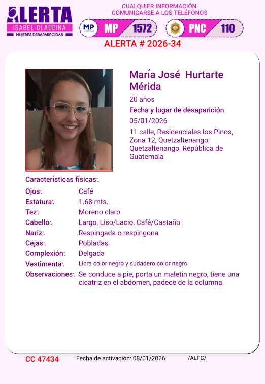 #AlertaIsabelClaudina
🚨 Ayúdenos a encontrar a
MARÍA JOSÉ HURTARTE MÉRIDA
Desapareció el 05 de enero del año 2026
Cualquier información comunicarse al teléfono 📞 1572
Gracias por difundir esta información❗
