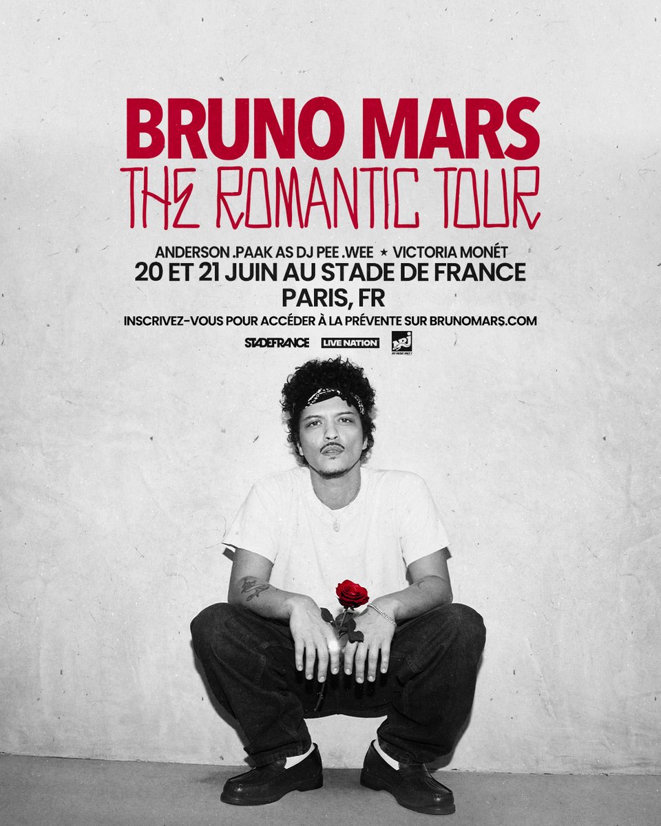 Bruno Mars annonce un double concert au Stade de France les 20 &amp; 21 juin prochains !

Ouverture de la billetterie jeudi 15 janvier à 12h00 sur livenation.fr