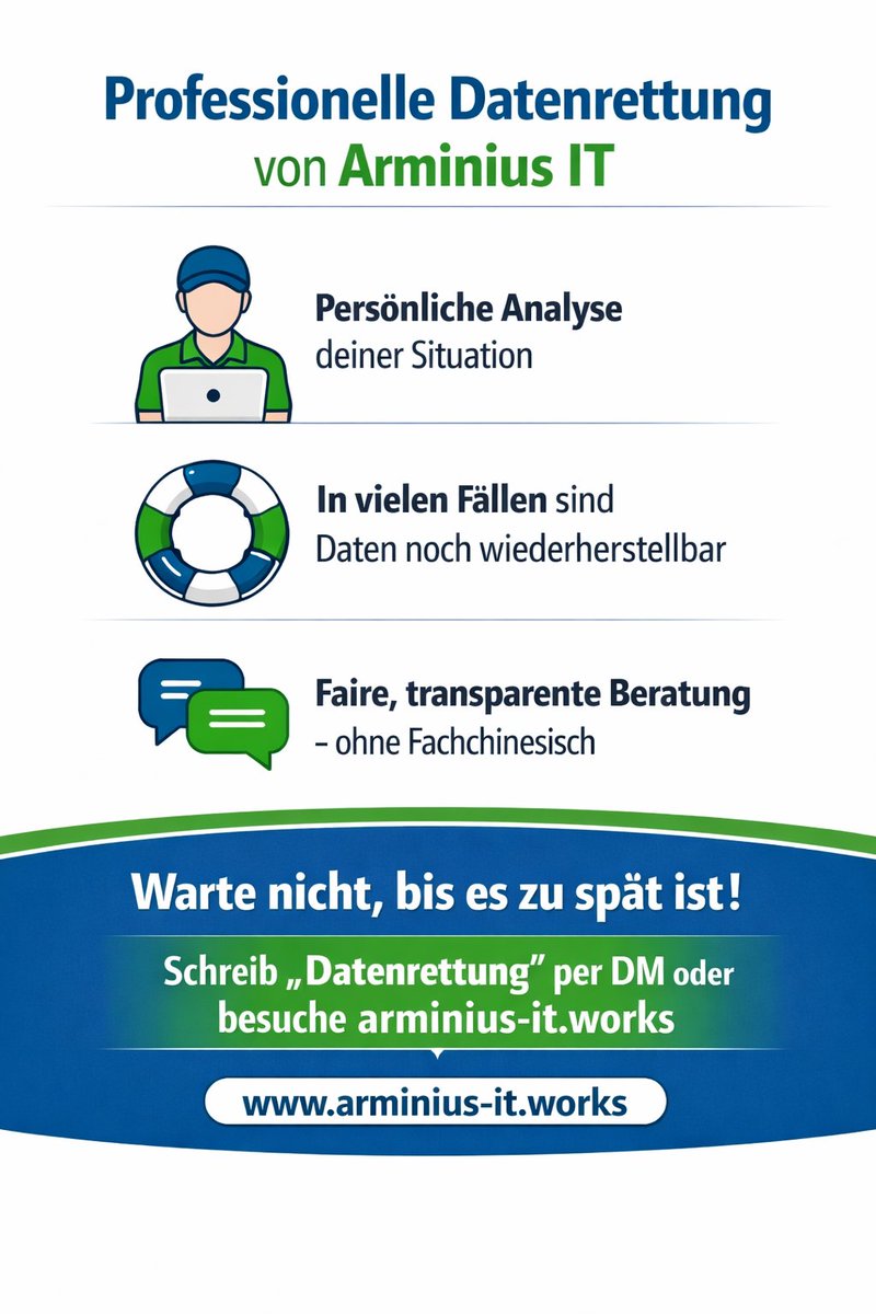 🚨 Daten weg? Keine Panik. Oft lässt sich mehr retten, als du denkst.

Wichtig jetzt:
⛔ Nicht weiter ausprobieren 
📵 Datenträger nicht mehr benutzen
🛠️ Profis ranlassen –> je früher, desto besser die Chancen.

#Datenrettung #ITNotfall #ITSicherheit #itkanneinfachsein
