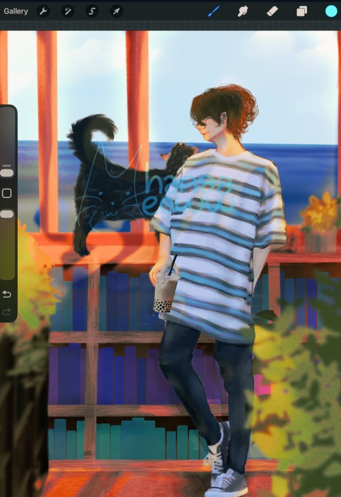 hanaameoww's tweet image. First artwork of 2026 with my favorite things black cat, the sea, Sai Nanami and bubble tea ❤️