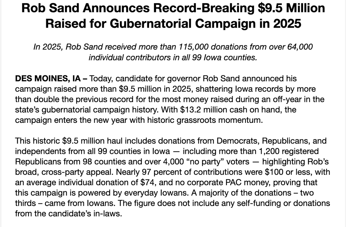 emmaobrien1496's tweet image. 🚨🚨🚨🚨🚨 Candidate for #IAGov @RobSandIA announces a record-breaking $9.5 MILLION haul for 2025 🚨🚨🚨🚨🚨