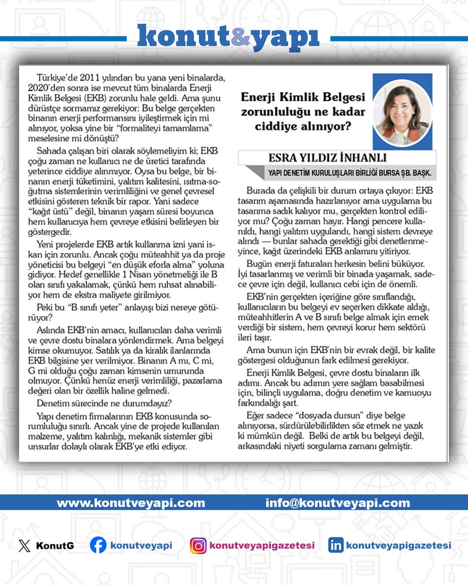 📌Gazetemizin köşe yazarlarından Esra Yıldız İnhanlı, bu sayıda "Enerji Kimlik Belgesi zorunluluğu ne kadar ciddiye alınıyor?" başlıklı yazısı ile güncel gelişmeleri değerlendirdi.