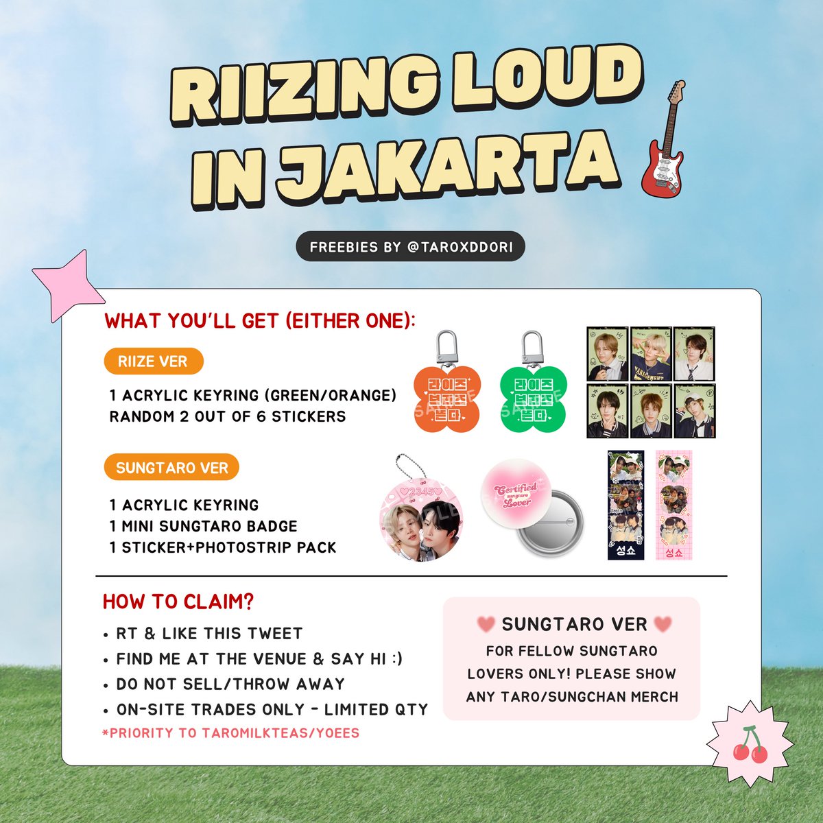 taroxddori's tweet image. please kindly rt 🧡

giveaway for riizing loud in jakarta!
acrylic keyring &amp;amp; sticker freebies 🍀

⭐️ limited qty per ver
⭐️ location: ice bsd
⭐️ 10 Jan / time tbc

more details in pic
tag me if you get one! 

#성쇼 #숑숕 #sungtaro 
#RIIZINGLOUDinJKT
#RIIZINGLOUD_IN_JAKARTA