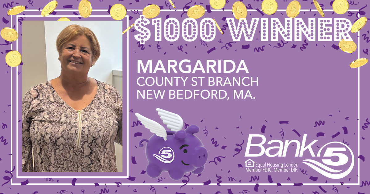 Congratulations to Margarida, our December Lucky Piggy Savings winner! Visit bankfive.com/luckypiggy to learn more about our Lucky Piggy Savings account.