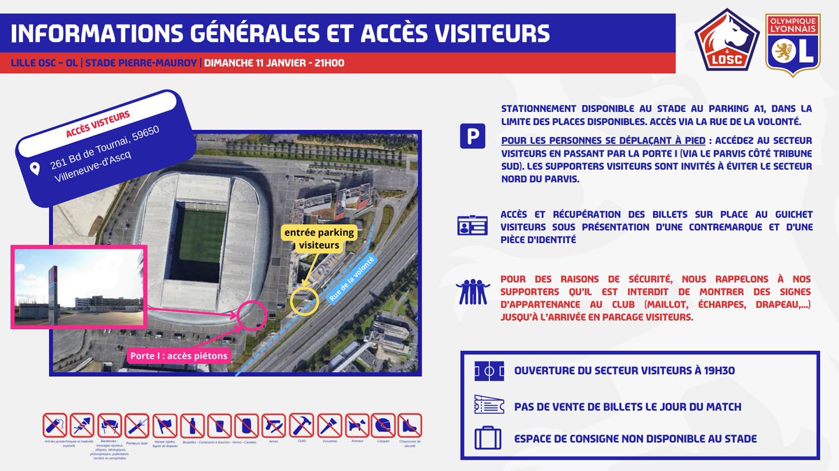 OL_service's tweet image. Accès déplacement - @losclive / @OL

Supporters, supportrices lyonnais,

Retrouvez ci-dessous votre guide pratique pour notre déplacement à Lille :

🏟️ Stade Pierre Mauroy

📆 Dimanche 11 janvier 2026 à 21h00

🅿️ Stationnement disponible au stade au parking A1, dans la limite des…