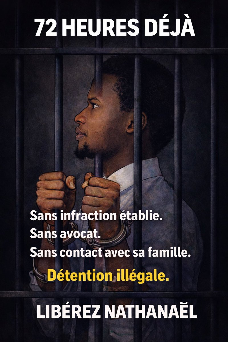 Libérez Nathanael ‼️

Imaginez 3 jours , 3 jours coupé du monde. 3 jours sans savoir pourquoi vous êtes là, sans pouvoir serrer dans vos bras votre famille, sans pouvoir chuchoter à l'oreille de votre avocat votre version des faits. C'est la réalité de Nathanaël depuis 72 heures.