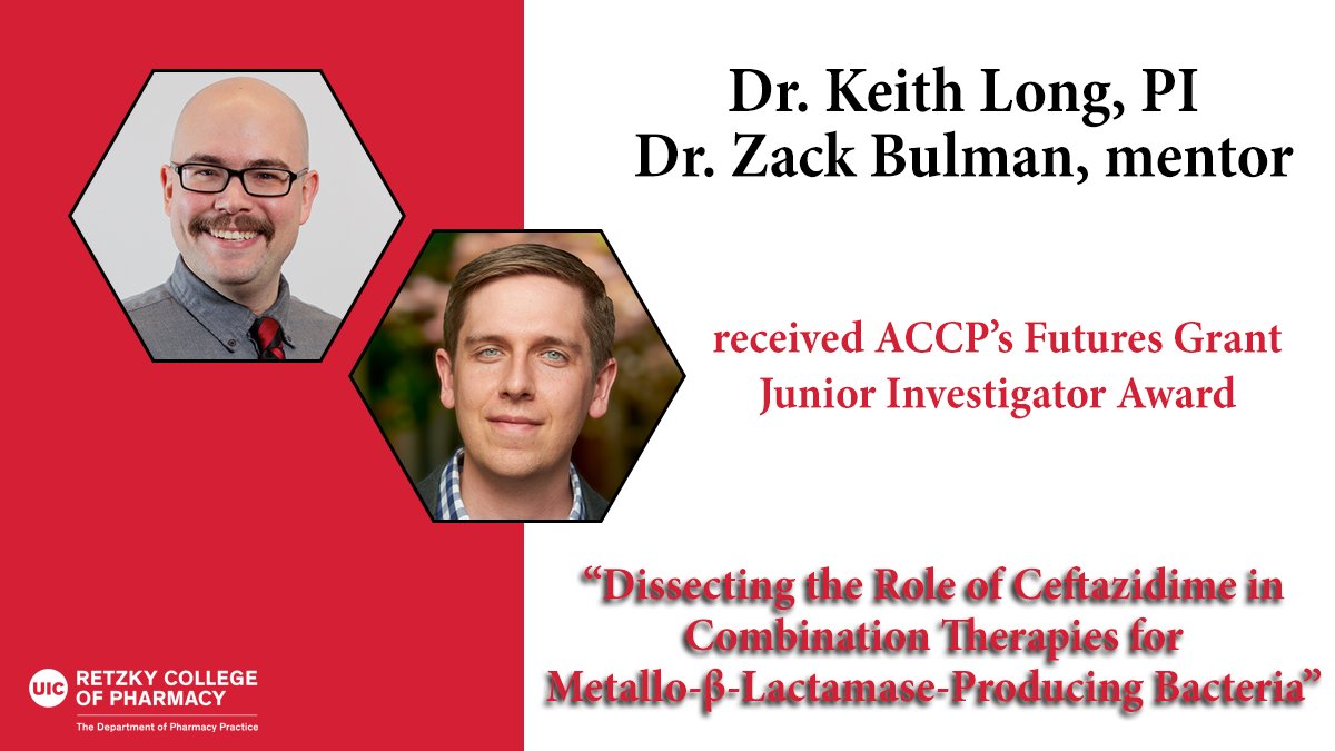 UICPhPr's tweet photo. 🎉 Dr. Keith Long received an ACCP Futures Grant Junior Investigator Award, with mentor Dr. Zack Bulman, to study ceftazidime-based combination therapies for metallo-β-lactamase–producing Klebsiella pneumoniae.

#ResearchFunding #AntimicrobialResistance #IDPharmacy https://t.co/aevBNUz2KD
