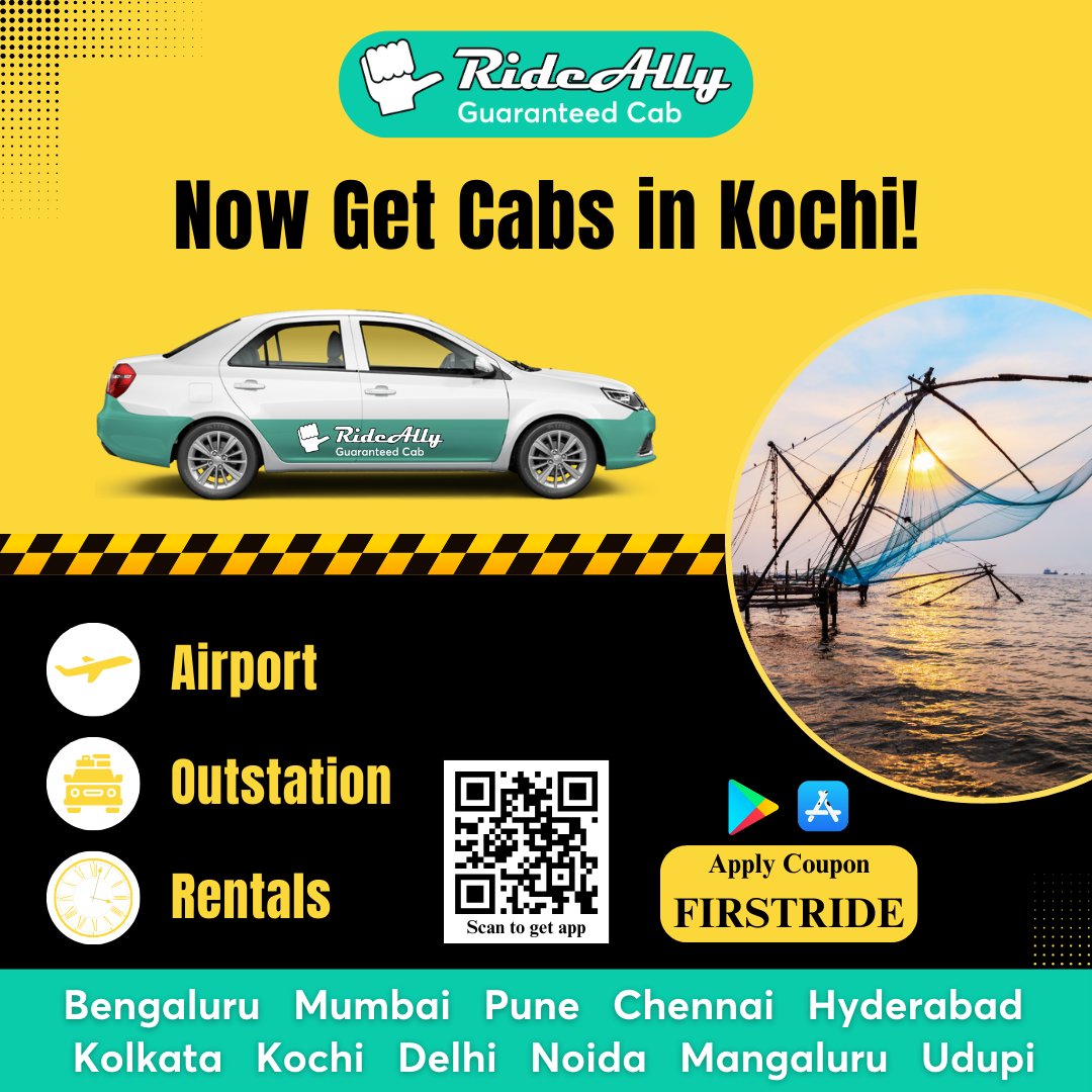 RideAly is in #Kolkata and #Kochi also now.

We are already serving our customers at Bengaluru, Mumbai, Pune, Chennai, Hyderabad, Delhi, Noida, Mangaluru, Udupi and Mysuru.

We are known for GUARANTEED CABS for Airport, Rentals and Outstation Cab services.

🌐