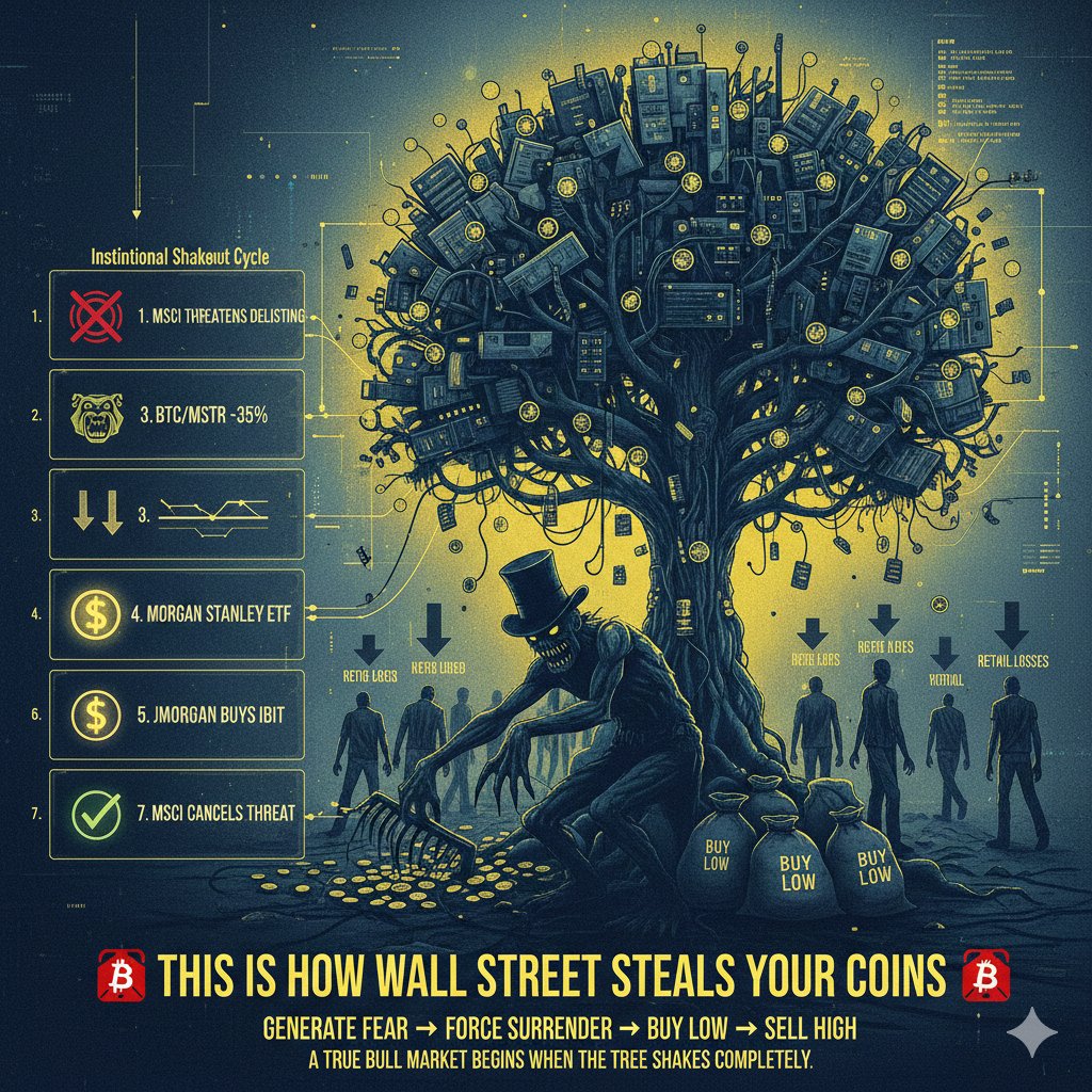 The Institutional Shakeout Cycle 🔄 1: The Threat — MSCI threatens to axe  indices. Crypto prices tank and stay buried for months. 2: The FUD Engine —  JPMorgan starts recycling old 
