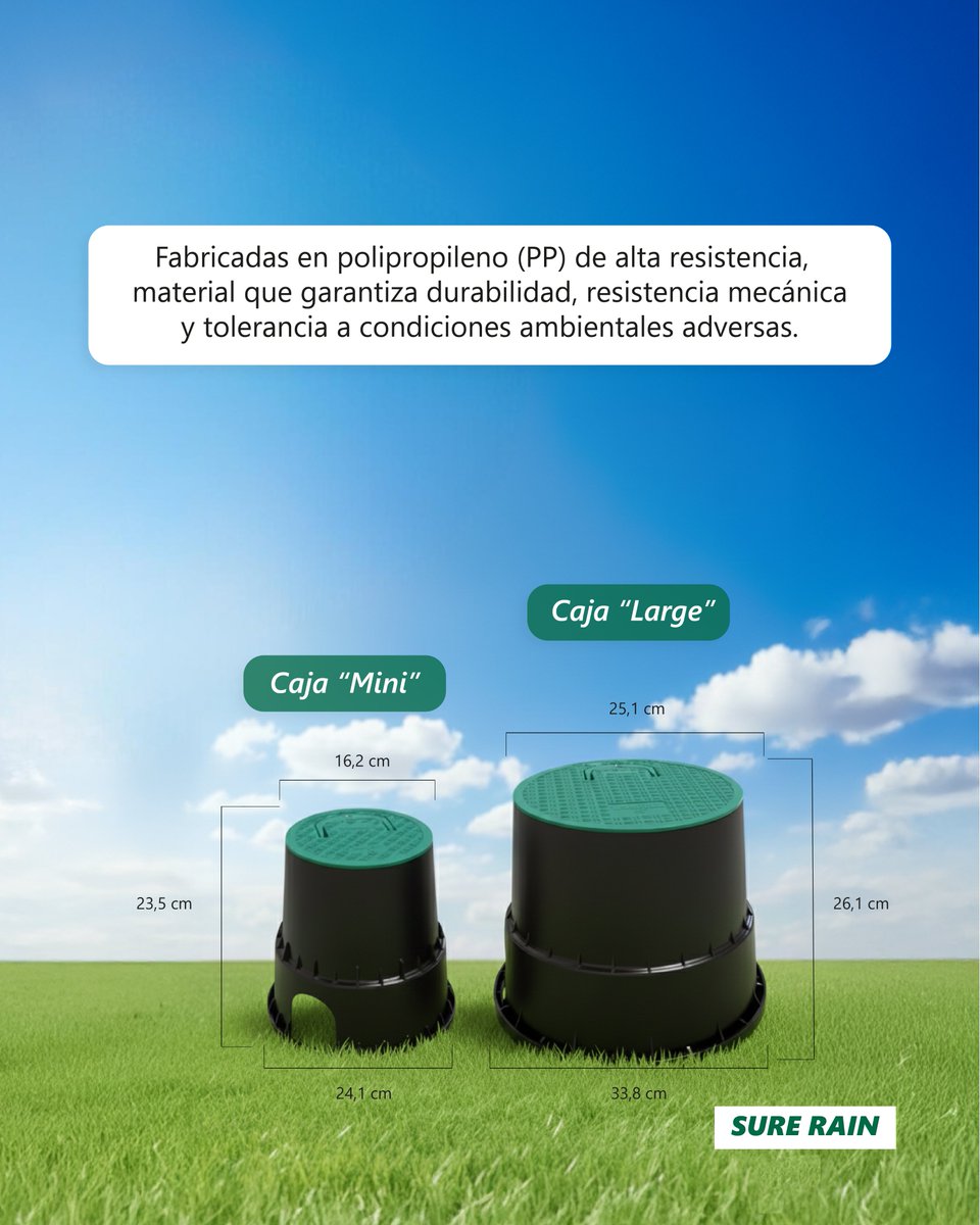 SureRain's tweet image. Cajas para válvulas GreenPlains 💧

👉 Caja para válvula modelo mini
Medida disponible: 6” Diámetro: 20,5 cm / Altura: 23,5 cm

👉 Caja para válvula modelo large
Medida disponible: 10” Diámetro: 34,5 cm / Altura: 26,5 cm