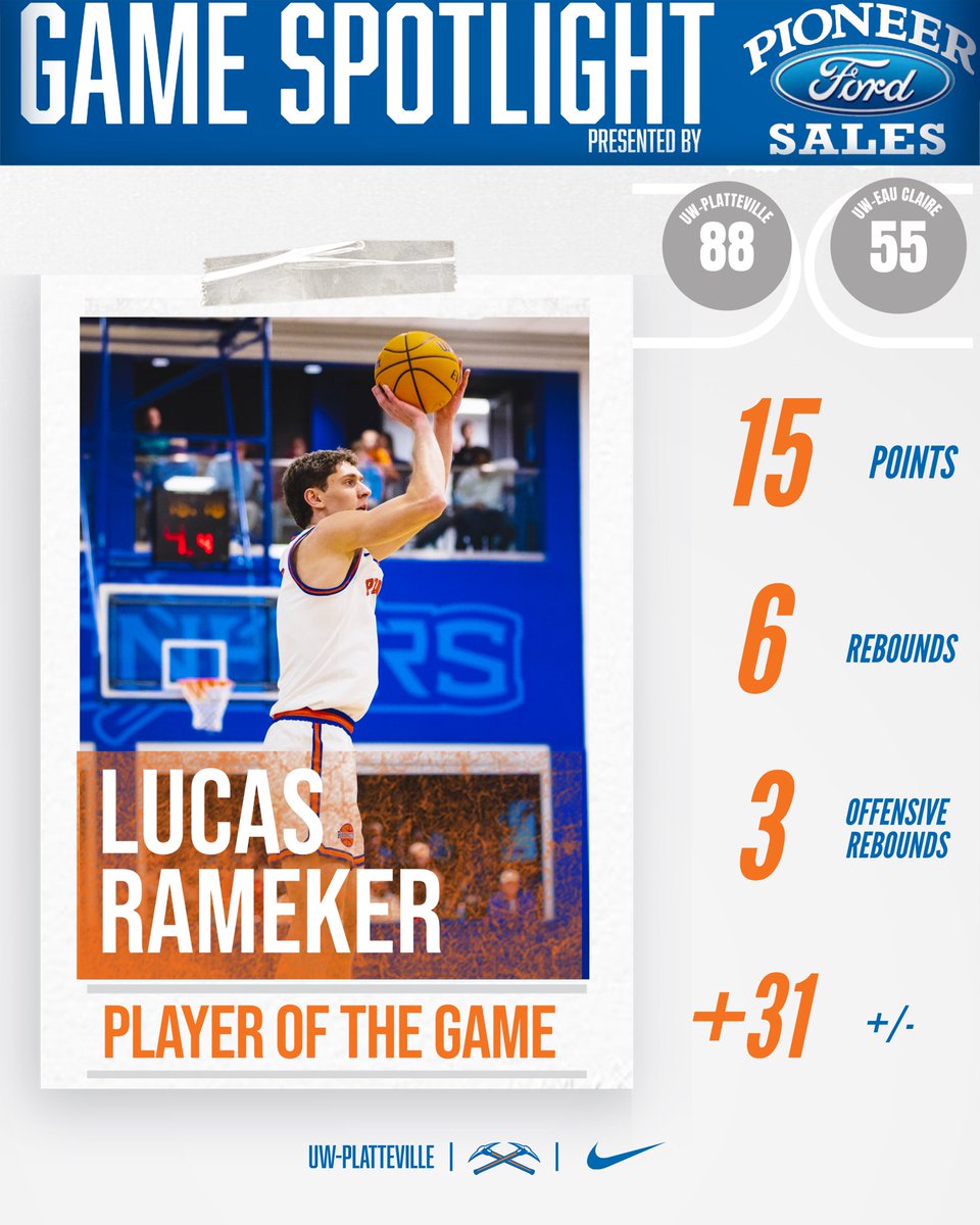 Pioneer Ford Player of the Game against UW-Eau Claire presents Lucas Rameker. #mypioneerford