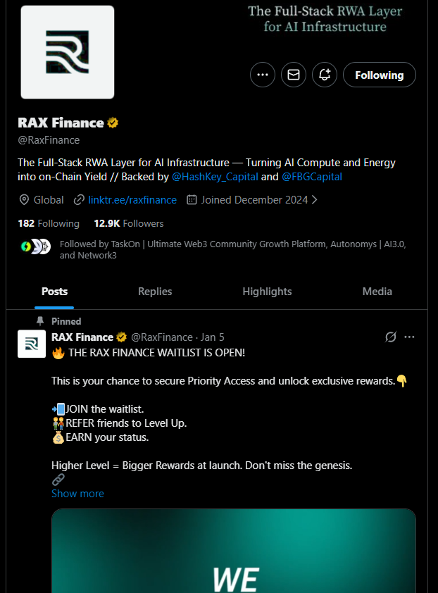 Just joined the @RAXFinance waitlist.

RAX is building the full-stack RWA layer for AI infrastructure — from compute to power.
Not just renting GPUs, but owning the grid that powers intelligence.

Early access 👉 rax.finance/waitlist/?ref=…

#RAXFinance #AIInfrastructure #RWA