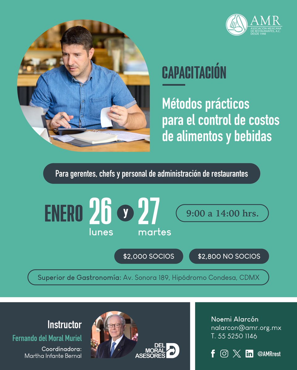 Curso MÉTODOS PRÁCTICOS PARA EL CONTROL DE COSTOS DE ALIMENTOS Y BEBIDAS, donde conocerás todo acerca de los gastos de operación y la importancia en los resultados.

🗓️ 26 y 27 de ENERO

¡INSCRÍBETE AHORA!

📨 nalarcon@amr.org.mx
📞 T. 55 5250 1146 

#AMRrecomienda