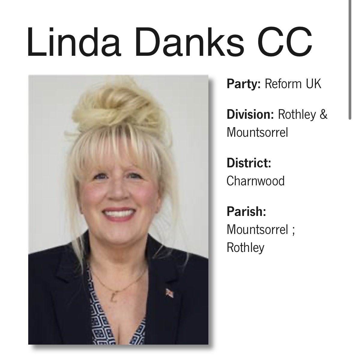 Reform UK Leicestershire using AI to misrepresent their Councillors.

Here’s Reform UK’s Councillor Linda Danks, bio and photo all AI generated:

facebook.com/share/p/1GosQj…