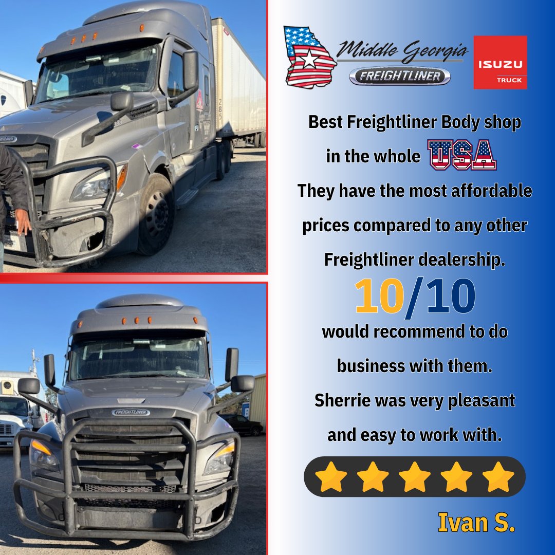 🌟🌟🌟🌟🌟When it comes to reviews...we take them seriously and when they're happy customers and call us the "Best Freighliner Body shop in the whole US", well, we take pride in that. Thank you so much, Ivan! 
Call Sherrie to schedule at 478-788-4601!
bit.ly/35wP8Wk