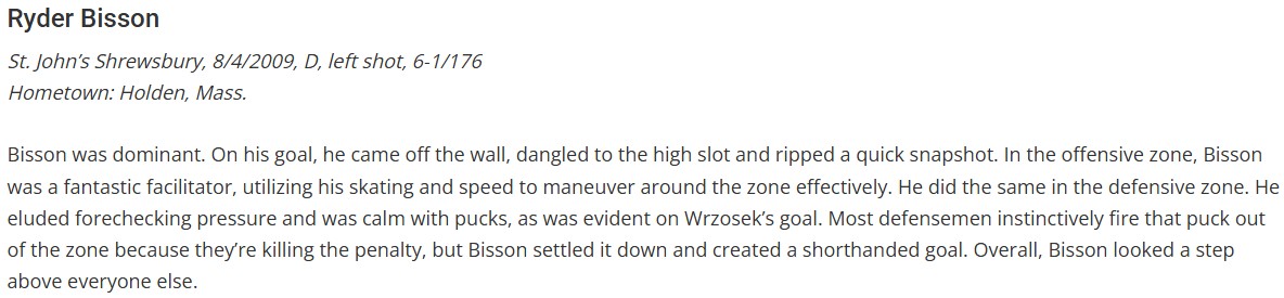 Amazing write-up on <a href="/BissonRyder/">Ryder Bisson</a> from the <a href="/NEHockeyJournal/">New England Hockey Journal</a>. Read the full article, I promise it's worth it! 

hockeyjournal.com/7-standouts-fr…