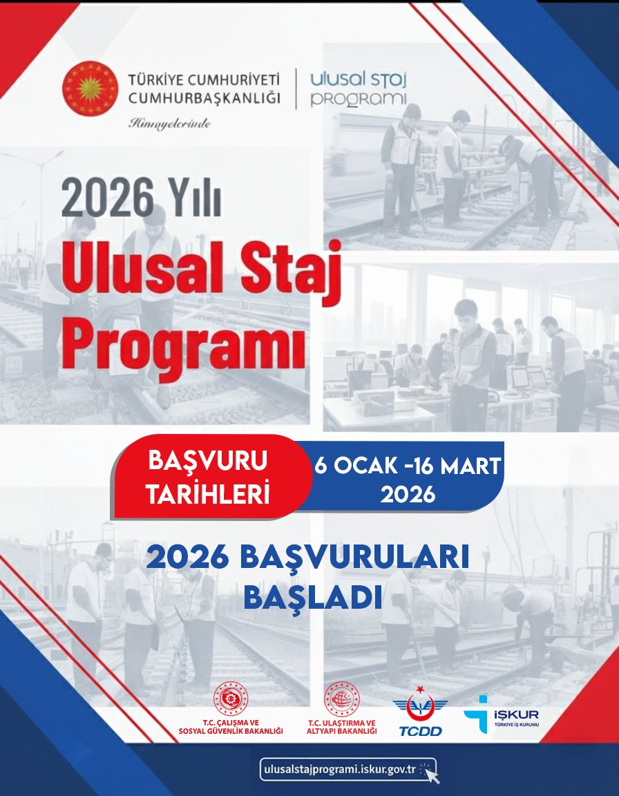 🚆 TCDD ile raylı sistemlerde kariyerine yön ver!

🎓 2026 Ulusal Staj Programı
📅 6 Ocak – 16 Mart 2026

🔗 ulusalstajprogrami.iskur.gov.tr

#TCDD #UlusalStajProgramı #RaylıSistemler #Staj2026 #İŞKUR