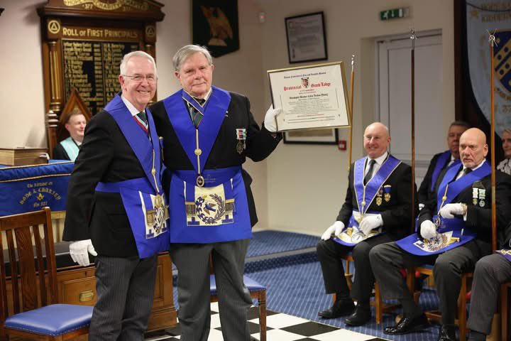A full house for Colin Young.

Tuesday 6th January saw a full meeting at Kidderminster freemasons hall for the presentation by Stephen Wyer of a 60 yr certificate of service to Colin Young.

The evening was a regular meeting of The Lodge of Hope &amp; Charity #377.