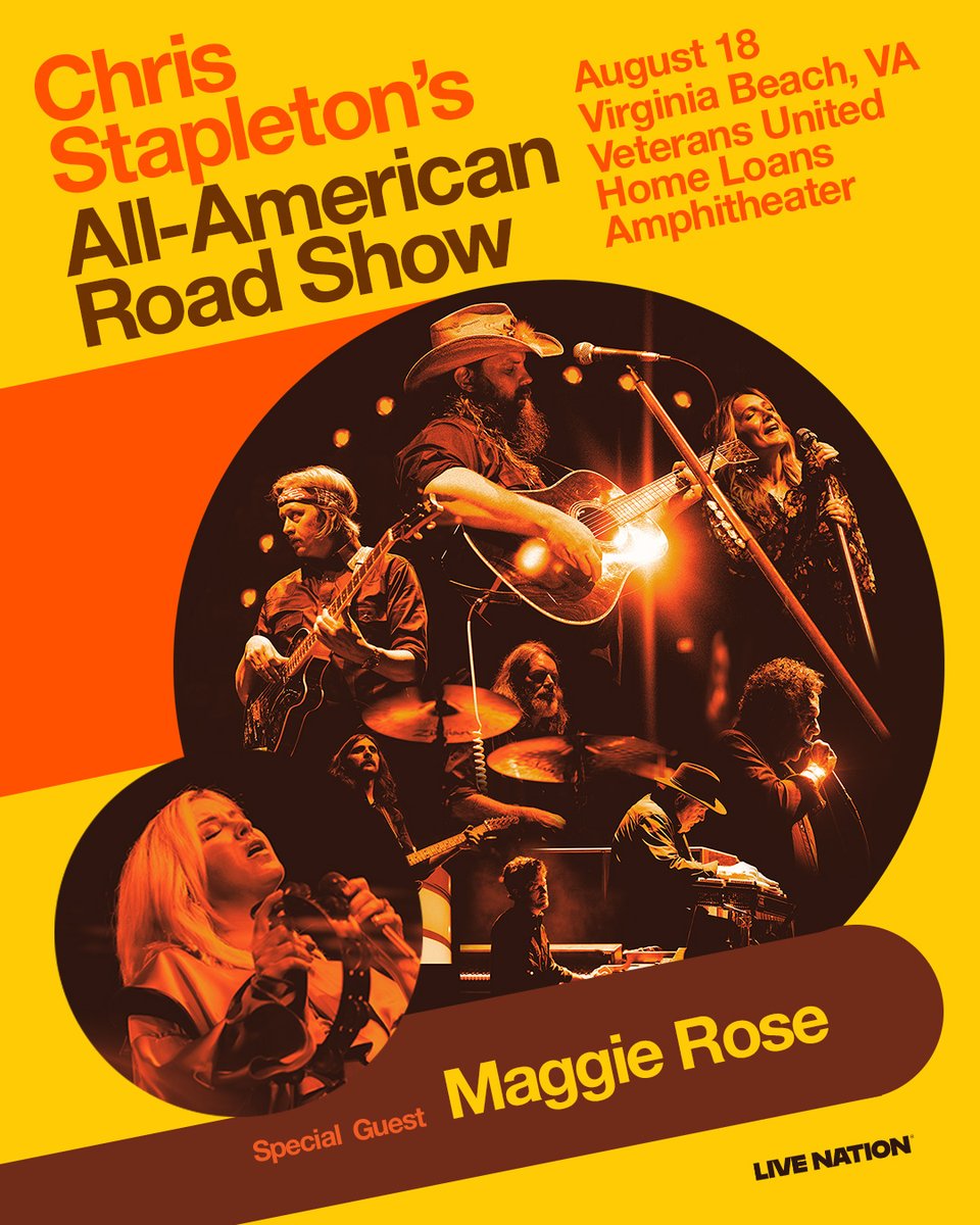 vabeachamp's tweet photo. JUST ANNOUNCED! @ChrisStapleton’s All-American Road Show 2026 is coming to @VABeachAmp Veterans United Home Loans Amphitheater on 8/18 with special guest @IAmMaggieRose! Tickets on sale Friday, Jan 16th @ 10AM. Save the date! 📅 PRESALE CODE: 26UNITED https://t.co/vhD0QCtTgR