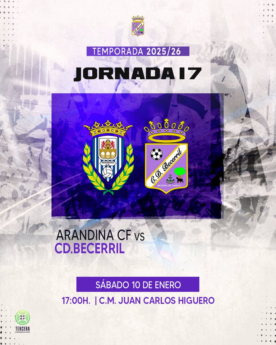 ⚽️ Temporada 2025/26

🏆 Jornada 17

🗓 Sábado 10 de Enero  
🕔17:00h.
🏟 C.M. Juan Carlos Higuero
🆚 <a href="/ArandinaCF/">Arandina C.F.</a> 

#rugeBecerril