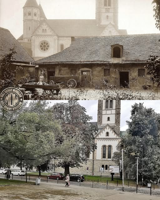 YvonneAndromeda's tweet image. Kościół św. Karola Boromeusza oraz dawna zabudowa przy ulicy Gajowickiej Wrocławiu na zestawieniu porównującym lata 1912/2025.