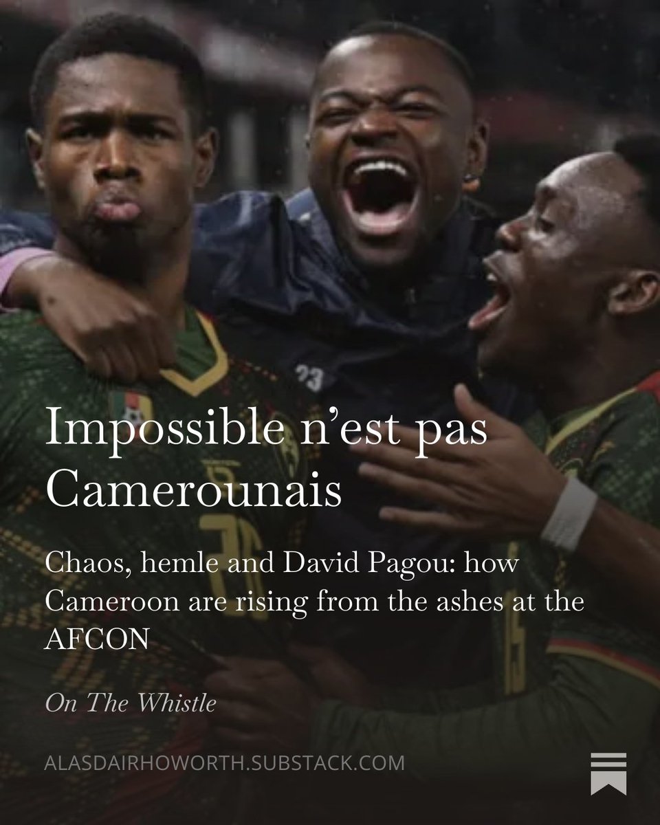 ahoworth97's tweet image. Cameroon are a shambles. No league, two squads, questionable federation voting and the youngest team at the AFCON.

And yet they are the most fearless and exhilarating team at the tournament.

The reason? David Pagou

open.substack.com/pub/alasdairho…
