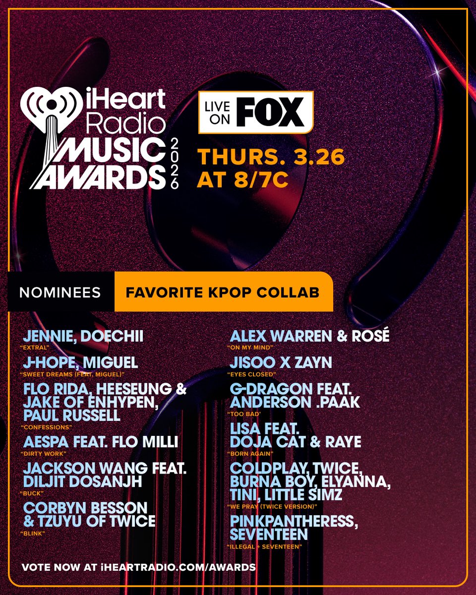 godmitzu's tweet image. TWICE's 'WE PRAY (TWICE Version)' with Coldplay, and TZUYU's 'BLINK' with Corbyn Besson are nominated for 'Favorite KPOP Collab' at the 2026 iHeartRadio Music Awards, with voting available now.
