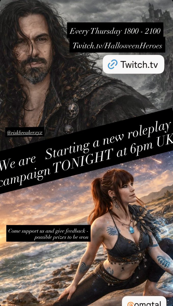 I haven’t put content out for a while. BUT IM BACK BABY! so glad to have a go at content creation again. I have a group of wonderful adventurers who are slowly going to introduce themselves to you all. Every Thursday at 6pm UK. twitch.tv/halloweenheroes please come and support us