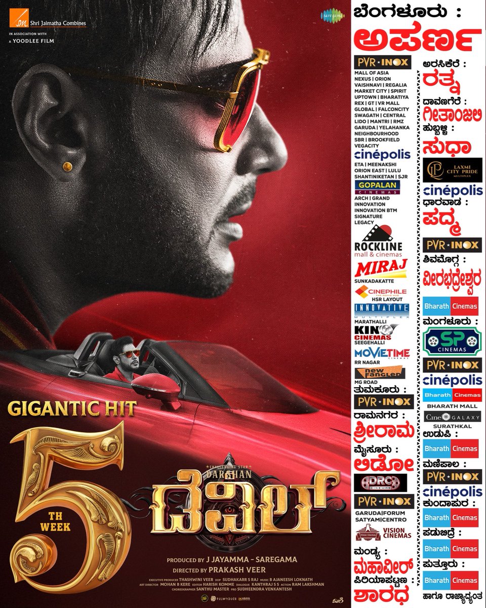 The Devil’s Aura continuous🔥
Stepping into 5th week🔥🙏🏻
<a href="/dasadarshan/">Darshan Thoogudeepa</a> #DBoss #TheDevil <a href="/sjmcfilms/">Shri Jaimatha Combines</a> <a href="/vijayaananth2/">Vijayalakshmi darshan</a> <a href="/AJANEESHB/">B AJANEESH LOKNATH</a> <a href="/pramodm271/">Pramod Maravanthe</a> <a href="/saregamasouth/">Saregama South</a> <a href="/YoodleeFilms/">Yoodlee Films</a>