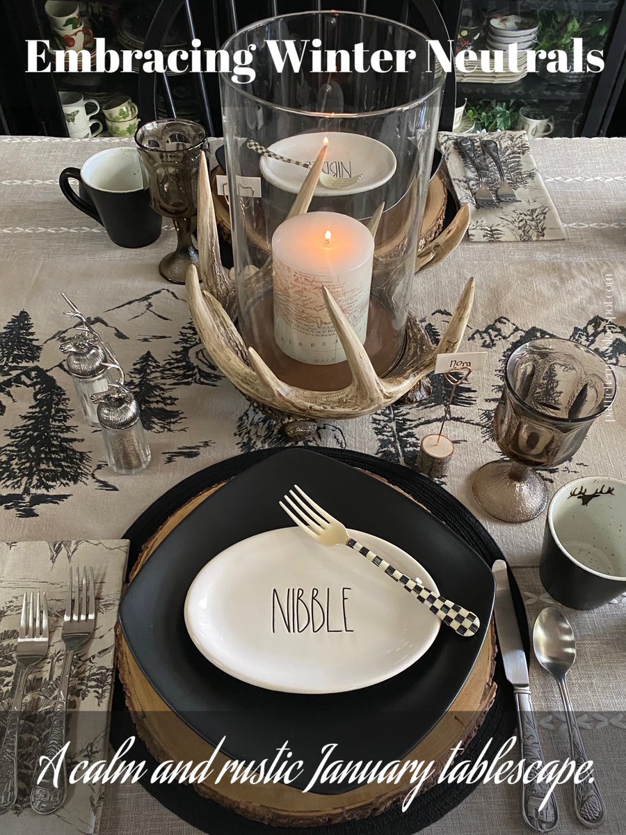 pattietierney's tweet image. Craving calm after holiday colors? This neutral January tablescape  embraces winter's peace with rustic elk details, linen layers &amp;amp;  wooden touches. Pure serenity! #WinterTablescape #NeutralDecor #RusticStyle