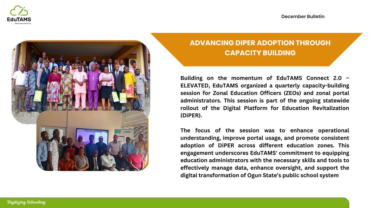 𝗗𝗲𝗰𝗲𝗺𝗯𝗲𝗿 𝟮𝟬𝟮𝟱 𝗖𝗹𝗼𝘀𝗲𝗱 𝘄𝗶𝘁𝗵 𝗠𝗼𝗺𝗲𝗻𝘁𝘂𝗺.

From global recognition (Africa EdTech 50) to national awards and DiPER capacity-building, EduTAMS ended 2025, strengthening digital education systems.

𝘙𝘦𝘢𝘥 𝘵𝘩𝘦 𝘣𝘶𝘭𝘭𝘦𝘵𝘪𝘯 𝘣𝘦𝘭𝘰𝘸

#EduTAMS