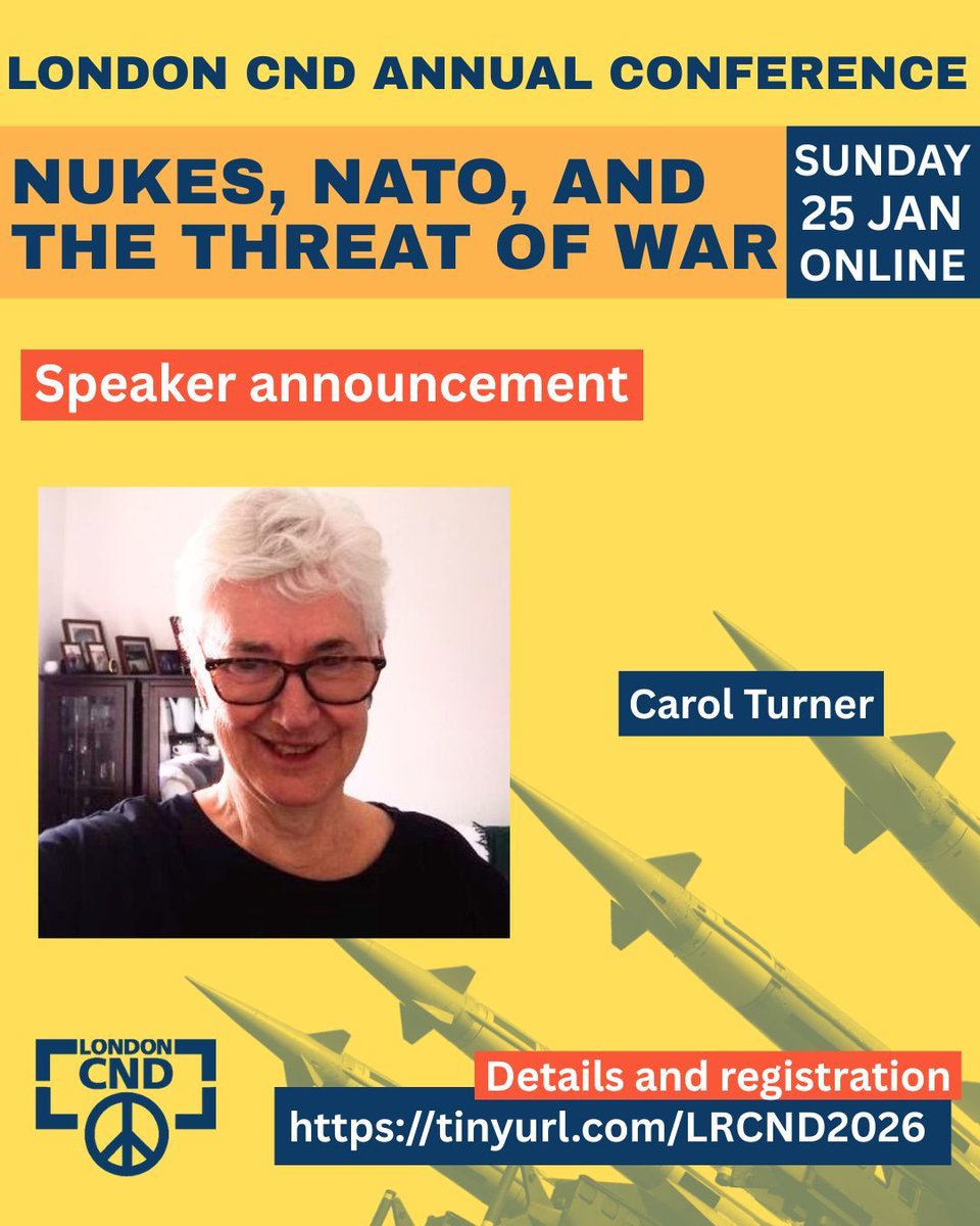 🗣️Speaker announcement

We are pleased to announce that <a href="/CNDuk/">Campaign for Nuclear Disarmament</a> Vice-Chair <a href="/TurnerC50/">Carol Turner</a> will be joining us for our annual conference.

"Nukes Nato and the Threat of War" asks why politicians are preparing for war. And, what are the alternatives?

Register tinyurl.com/LRCND2026/LRCN…
