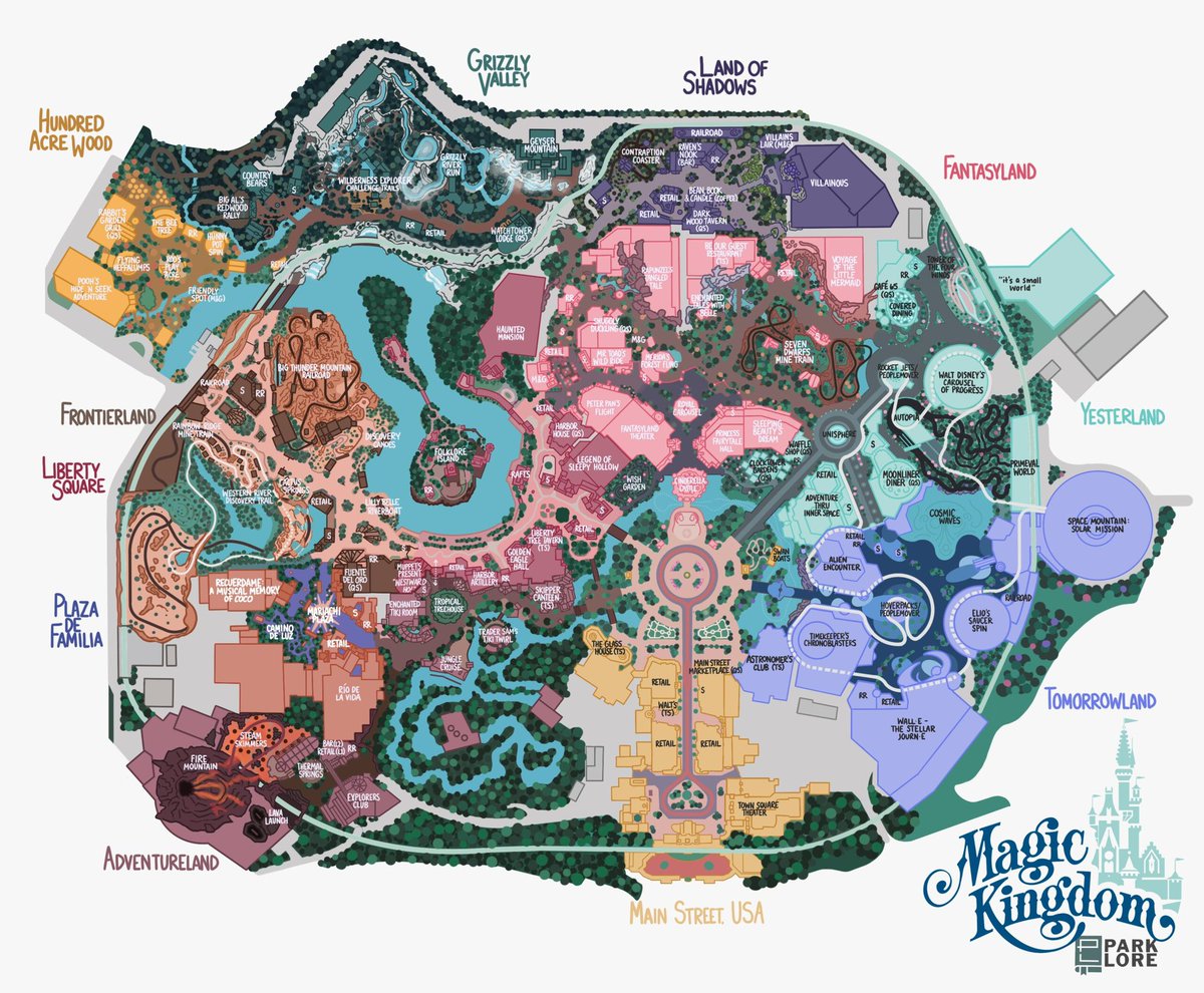 ThemeParkLore's tweet image. Riding on tf1design’s coattails, here’s my own Magic Kingdom build-out from a few years ago! It’s tough to build on the park’s ‘70s monumental patriotism while adding Disney, Pixar, and original stories… but I tried to make this Castle Park its own! parklore.com/main/buildout-…